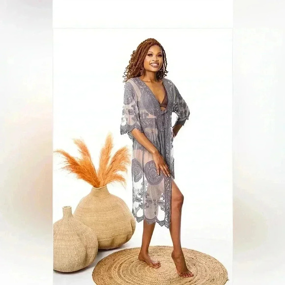 Lace kimono cardigan front tie embroidered designs tulle gray - Picture 1 of 5